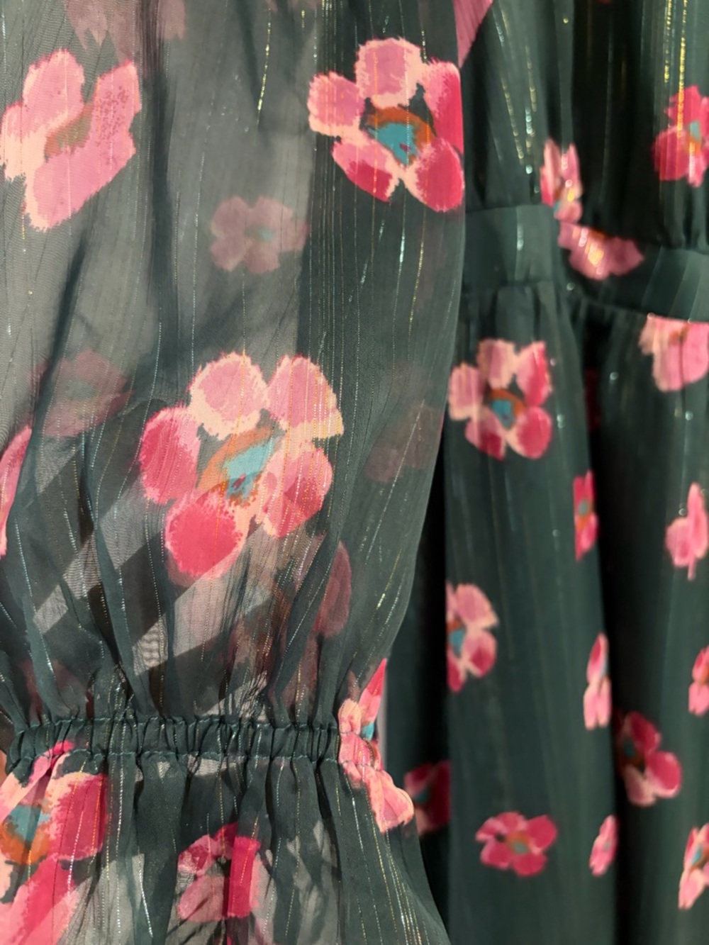 LOFT Floral V-Neck Long Sleeve Maxi Dress in Green with Pink Flowers - Picture 5 of 6
